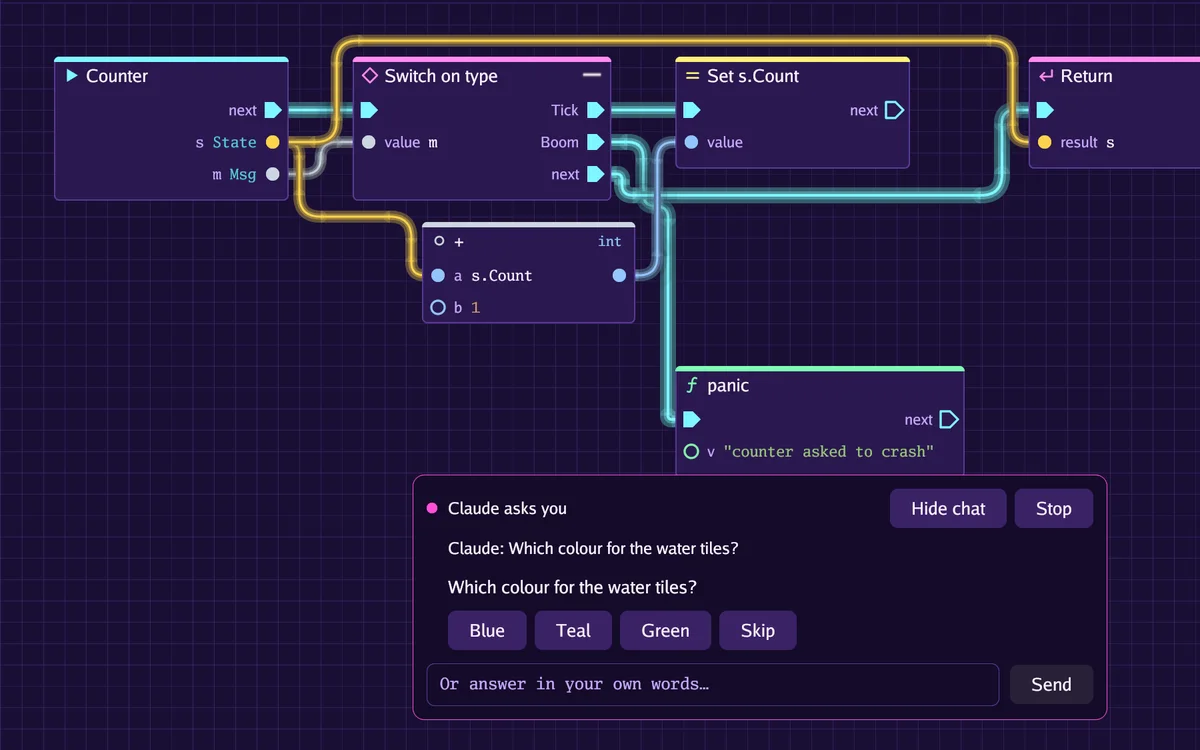 The assistant's strip over the canvas with its chat open, asking a question with buttons for each answer.
